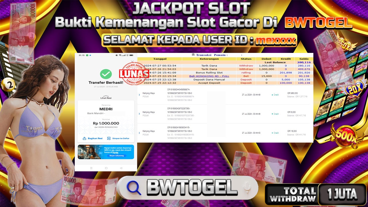 BUKTI JACKPOT SLOT MAHJONG WAYS TERPERCAYA DI INDONESIA TGL 27-07-2024