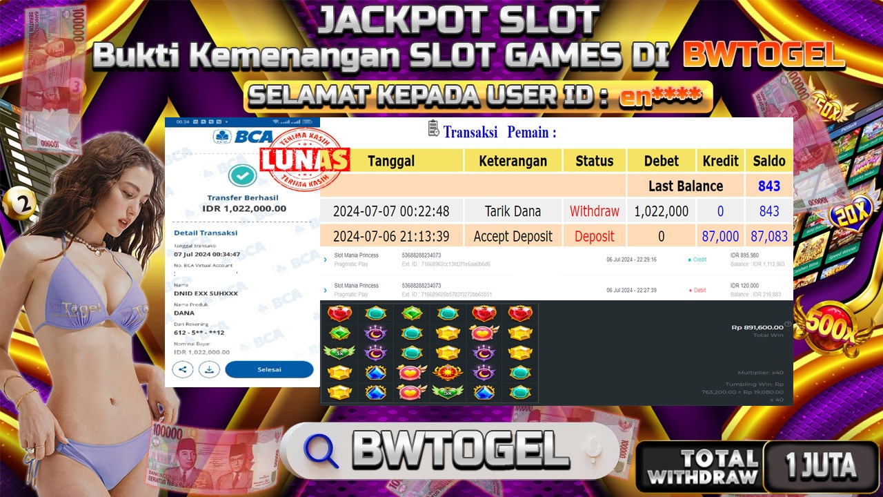 BUKTI JACKPOT SLOT MANIA PRINCESS TERPERCAYA DI INDONESIA TGL 07-07-2024