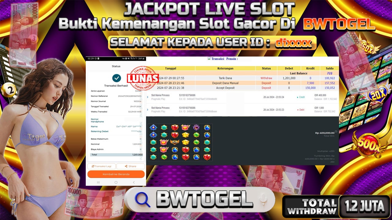 BUKTI JACKPOT SLOT MANIA PRINCESS TERPERCAYA DI INDONESIA TGL 29-07-2024