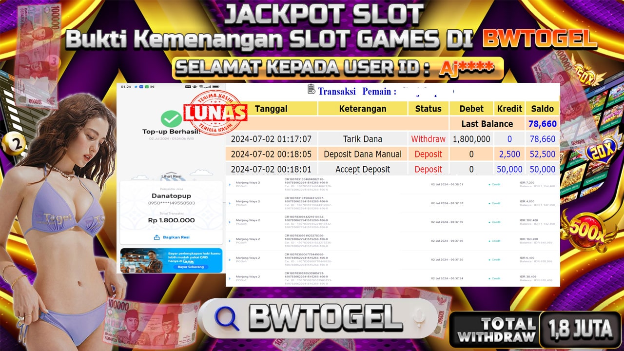 BUKTI JACKPOT SLOT MAHJONG WAYS 2 TERPERCAYA DI INDONESIA TGL 02-07-2024