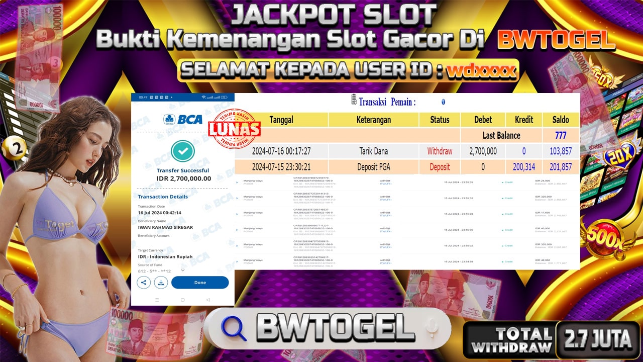 BUKTI JACKPOT SLOT MAHJONG WAYS TERPERCAYA DI INDONESIA TGL 16-07-2024