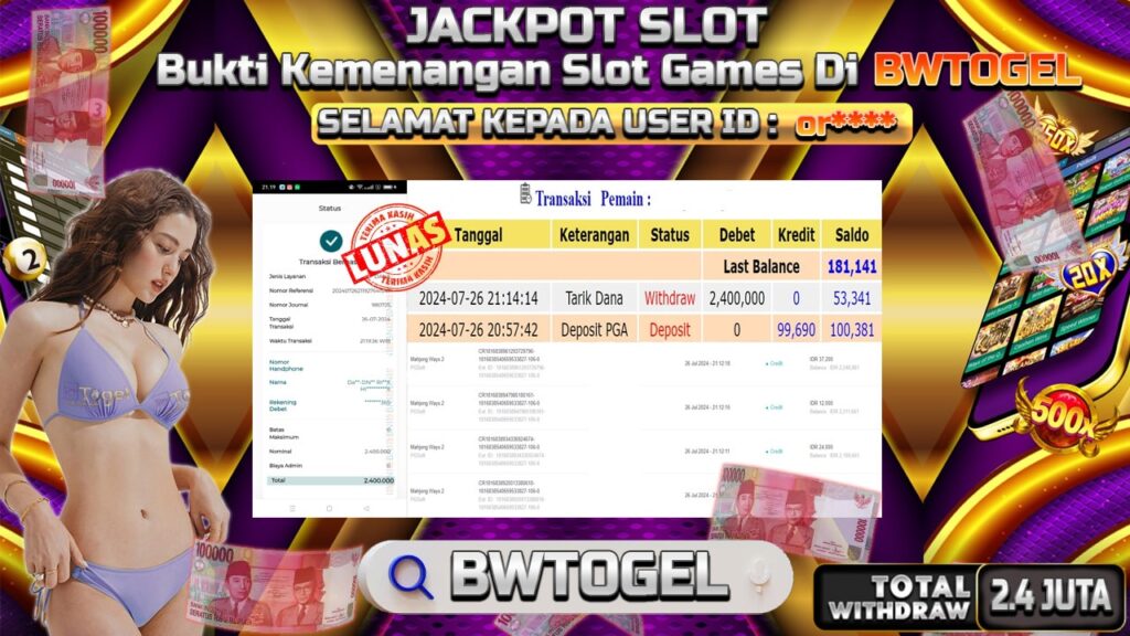 BUKTI JACKPOT SLOT MAHJONG WAYS 2 TERPERCAYA DI INDONESIA TGL 26-07-2024