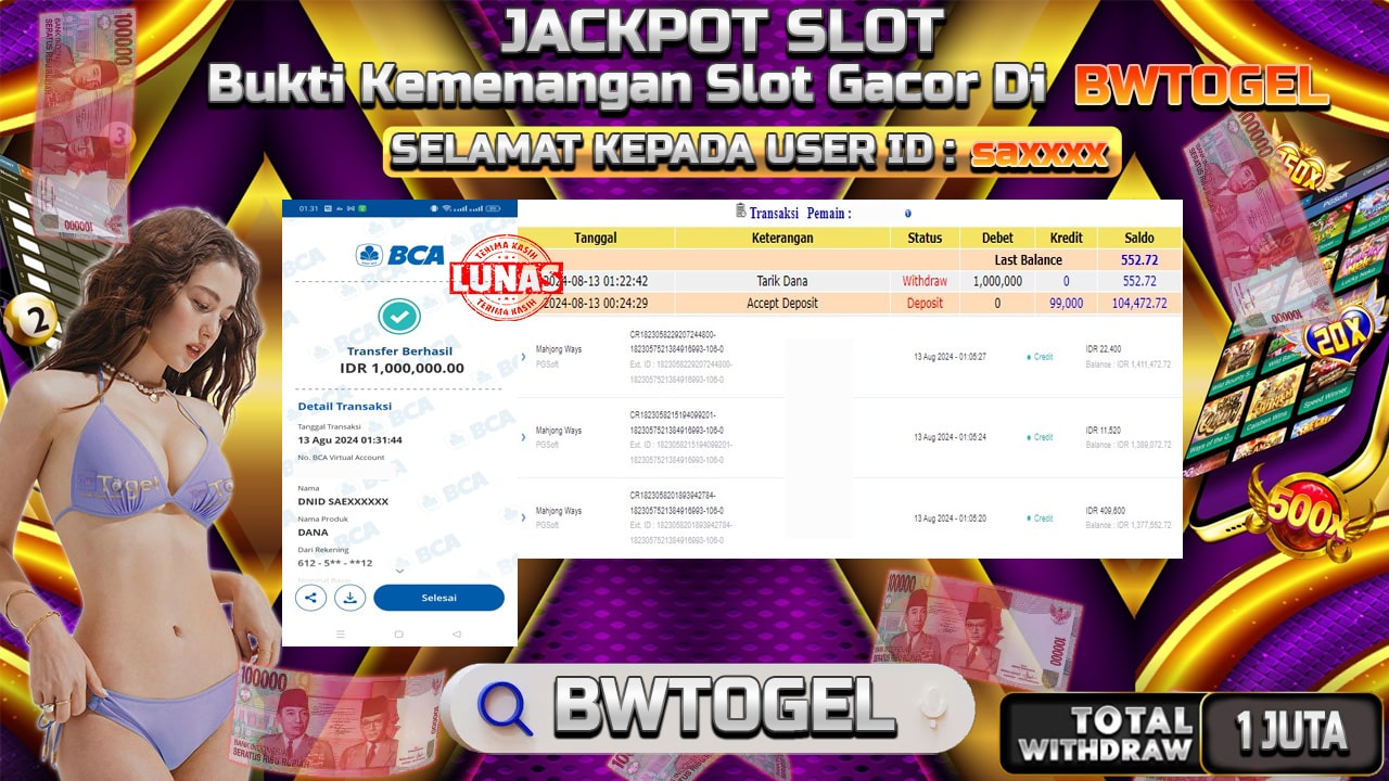 BUKTI JACKPOT SLOT MAHJONG WAYS TERPERCAYA DI INDONESIA TGL 13-08-2024