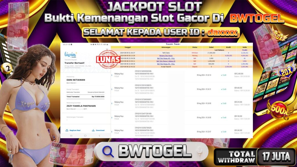 BUKTI JACKPOT SLOT MAHJONG WAYS TERPERCAYA DI INDONESIA TGL 09-08-2024