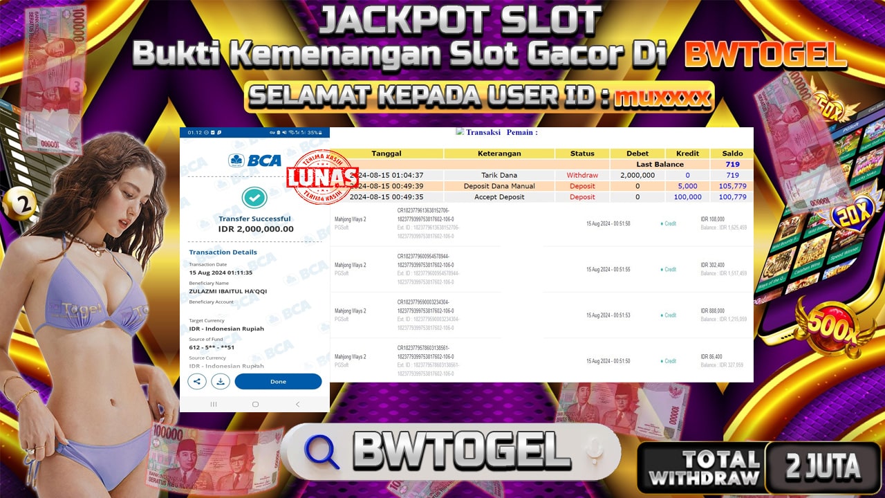 BUKTI JACKPOT SLOT MAHJONG WAYS 2 TERPERCAYA DI INDONESIA TGL 15-08-2024