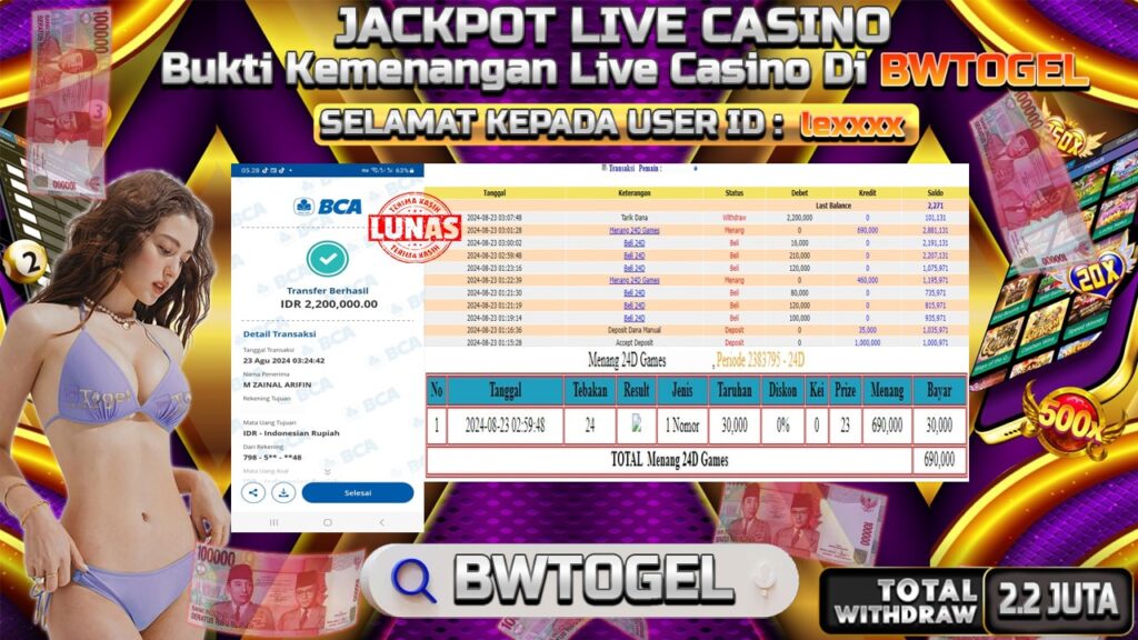 BUKTI JACKPOT LIVE CASINO 24D GAMES TERPERCAYA DI INDONESIA TGL 23-08-2024