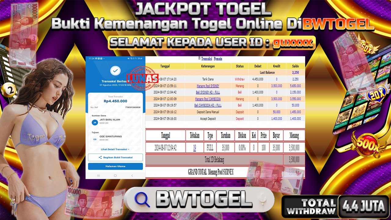 BUKTI JACKPOT TOGEL ONLINE POOL SYDNEY TERPERCAYA DI INDONESIA TGL 07-08-2024