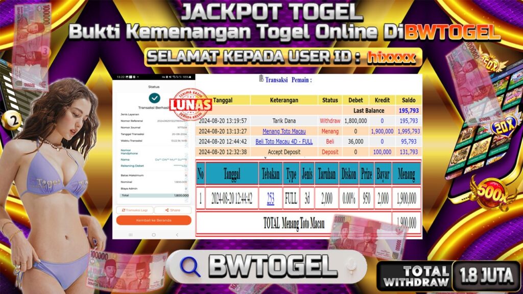 BUKTI JACKPOT TOGEL ONLINE TOTO MACAU TERPERCAYA DI INDONESIA TGL 20-08-2024