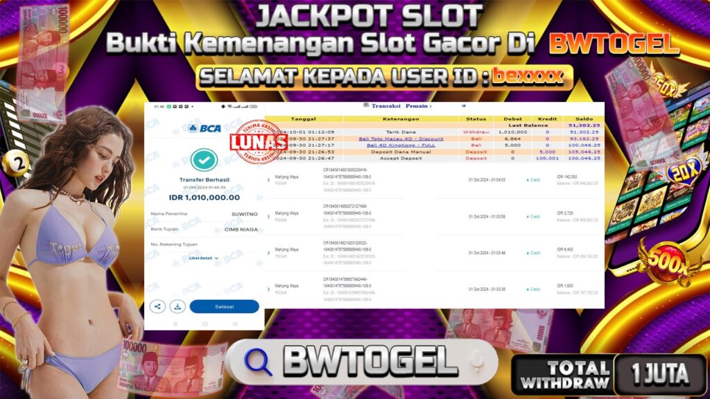 BUKTI JACKPOT SLOT MAHJONG WAYS TERPERCAYA DI INDONESIA TGL 01-10-2024