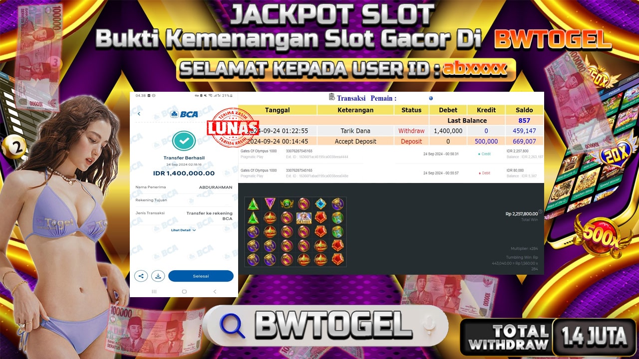 BUKTI JACKPOT SLOT GATES OF OLYMPUS 1000 TERPERCAYA DI INDONESIA TGL 24-09-2024