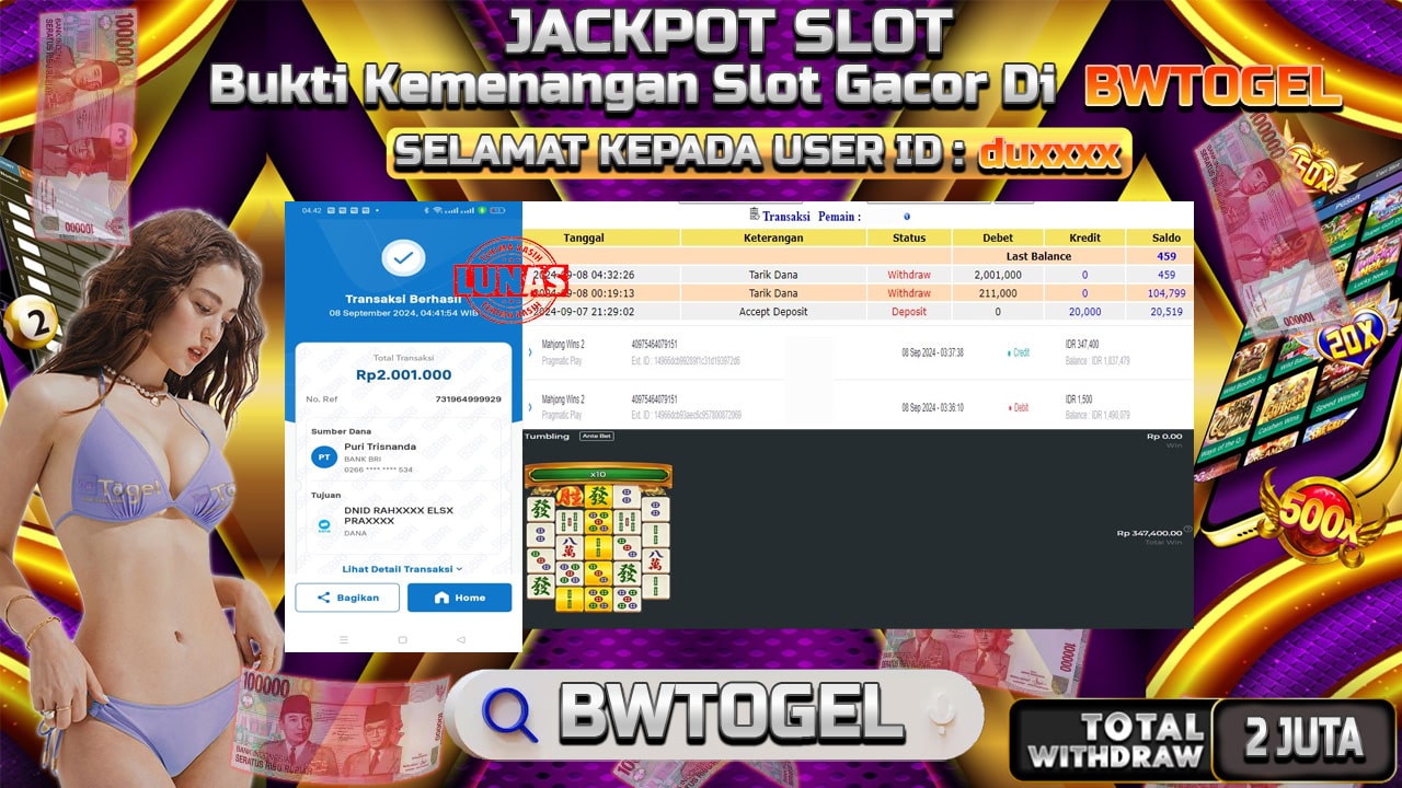 BUKTI JACKPOT SLOT MAHJONG WINS 2 TERPERCAYA DI INDONESIA TGL 08-09-2024