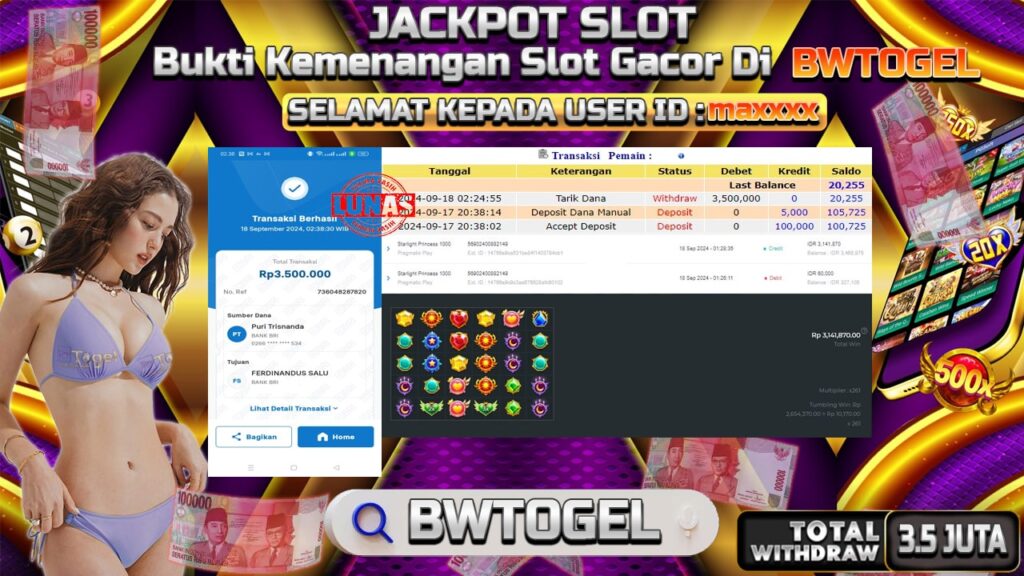 BUKTI JACKPOT SLOT STARLIGHT PRINCESS 1000 TERPERCAYA DI INDONESIA TGL 18-09-2024