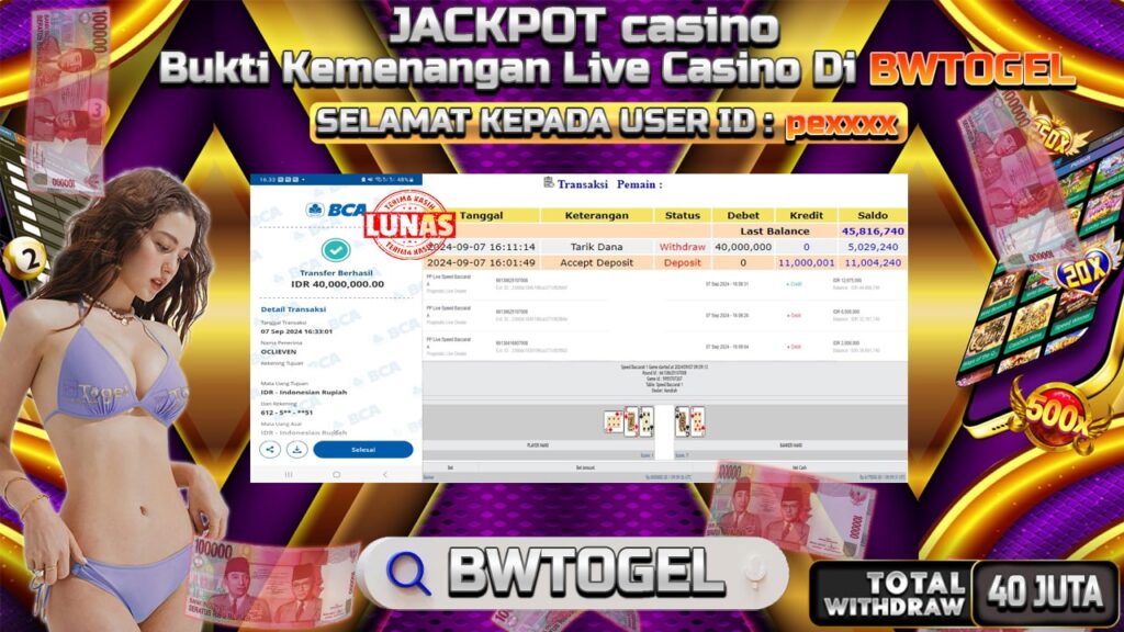 BUKTI JACKPOT CASINO PP LIVE BACCARAT A TERPERCAYA DI INDONESIA TGL 07-09-2024