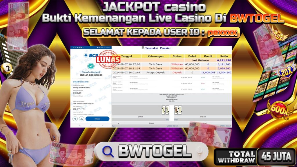 BUKTI JACKPOT CASINO PP LIVE BACCARAT A TERPERCAYA DI INDONESIA TGL 07-09-2024