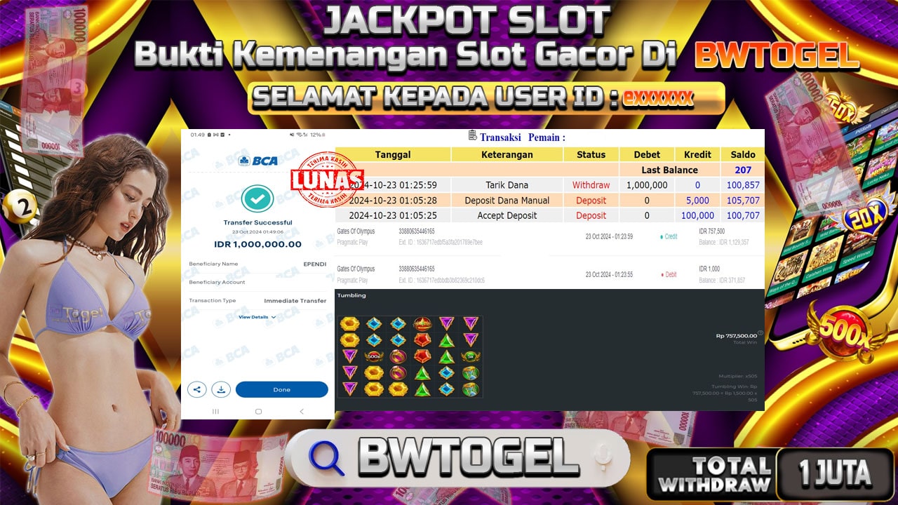 BUKTI JACKPOT SLOT GATES OF OLYMPUS TERPERCAYA DI INDONESIA TGL 23-10-2024