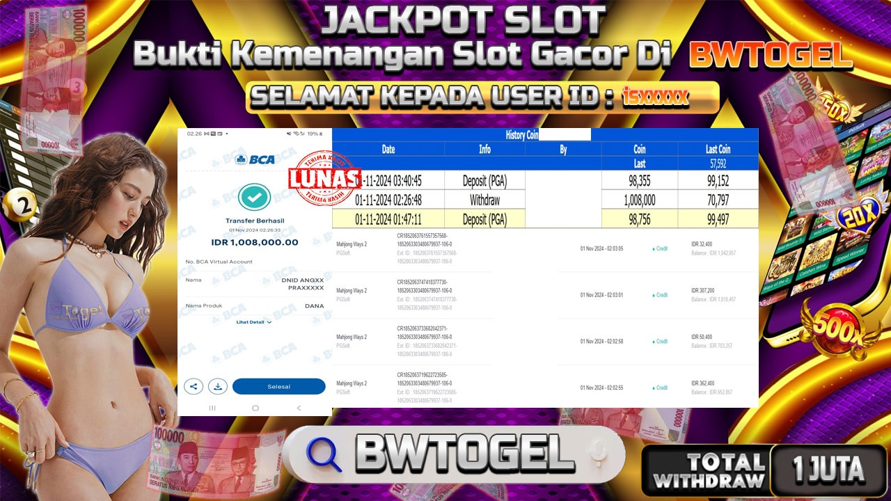 BUKTI JACKPOT SLOT MAHJONG WAYS 2 TERPERCAYA DI INDONESIA TGL 01-11-2024