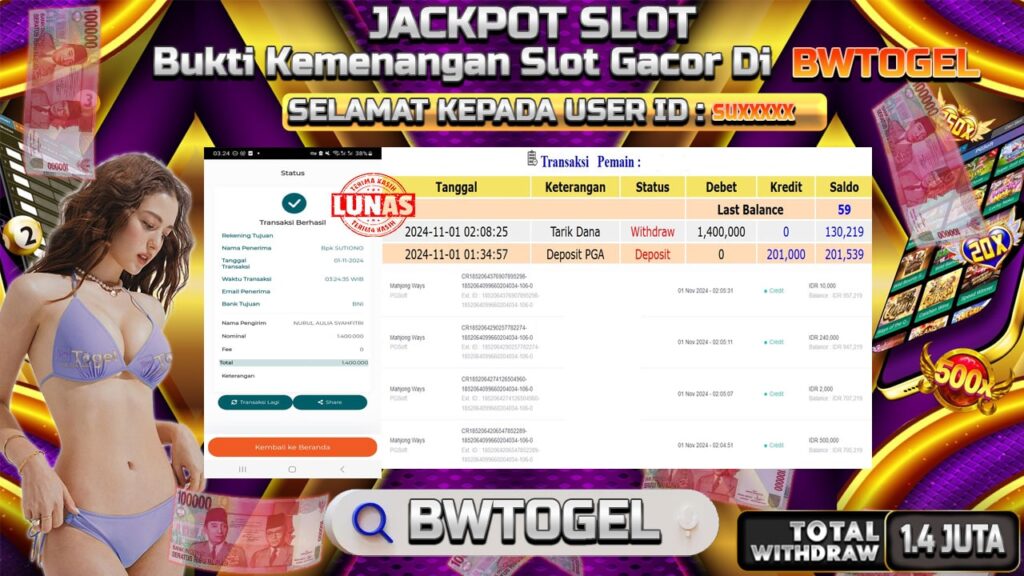 BUKTI JACKPOT SLOT MAHJONG WAYS TERPERCAYA DI INDONESIA TGL 01-11-2024