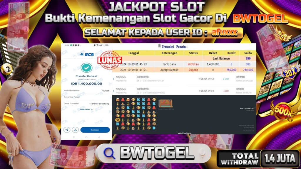 BUKTI JACKPOT SLOT FLUFFY FORTUNE TERPERCAYA DI INDONESIA TGL 19-10-2024