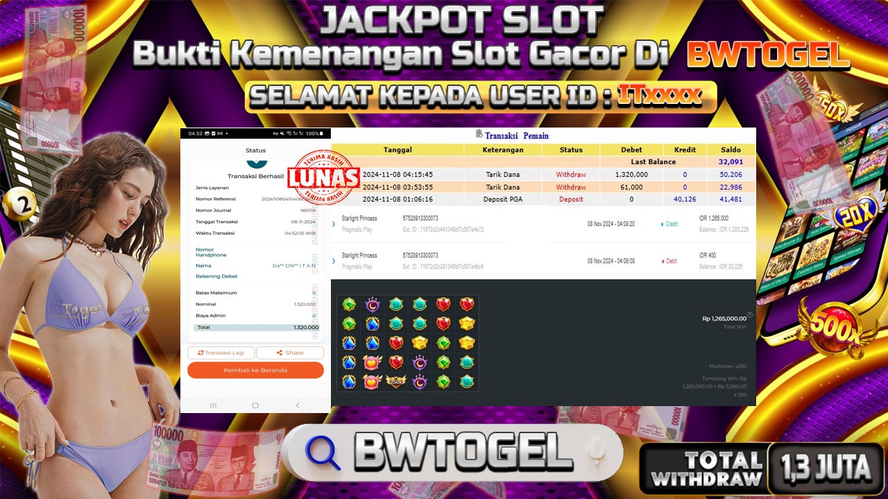 BUKTI JACKPOT SLOT STARLIGHT PRINCESS TERPERCAYA DI INDONESIA TGL 08-11-2024