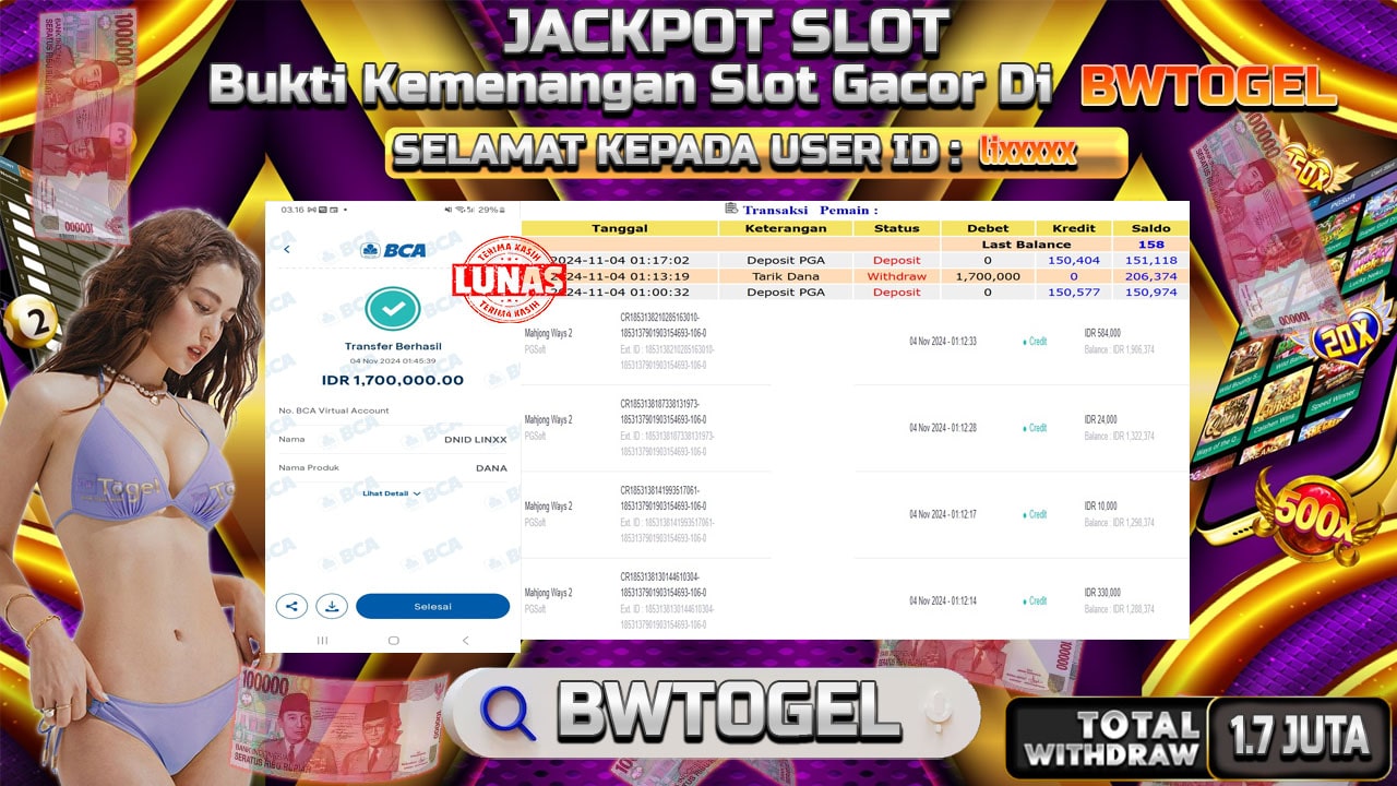 BUKTI JACKPOT SLOT MAHJONG WAYS 2 TERPERCAYA DI INDONESIA TGL 04-11-2024