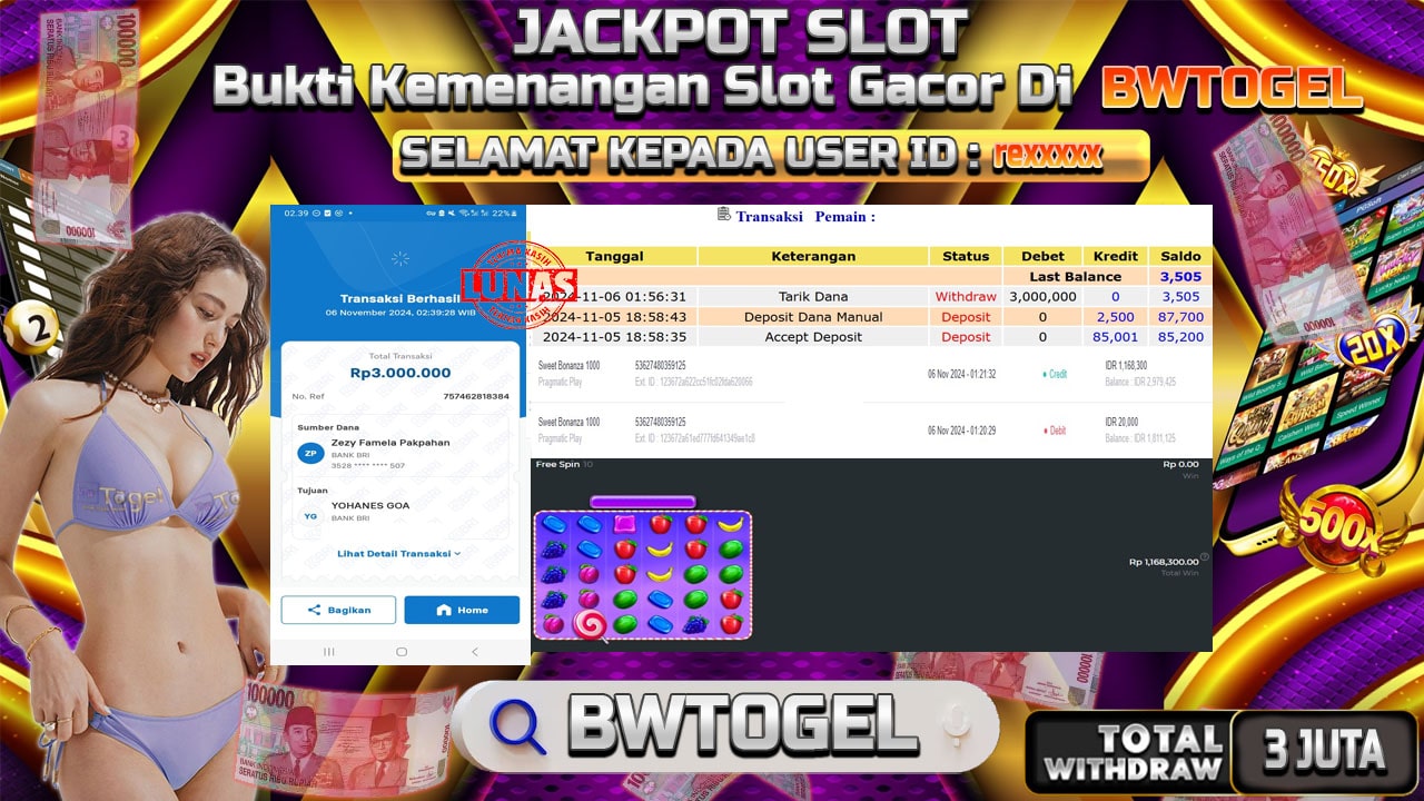 BUKTI JACKPOT SLOT SWEET BONANZA 1000 TERPERCAYA DI INDONESIA TGL 06-11-2024