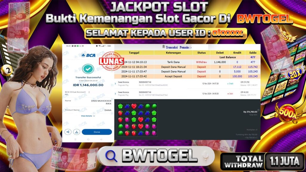 BUKTI JACKPOT SLOT SWEET BONANZA TERPERCAYA DI INDONESIA TGL 12-11-2024