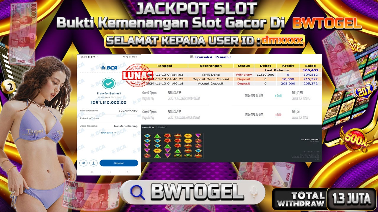 BUKTI JACKPOT SLOT GATES OF OLYMPUS TERPERCAYA DI INDONESIA TGL 13-11-2024