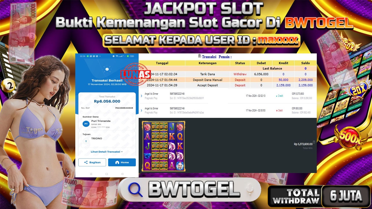 BUKTI JACKPOT SLOT ANGEL VS SINNER TERPERCAYA DI INDONESIA TGL 17-11-2024