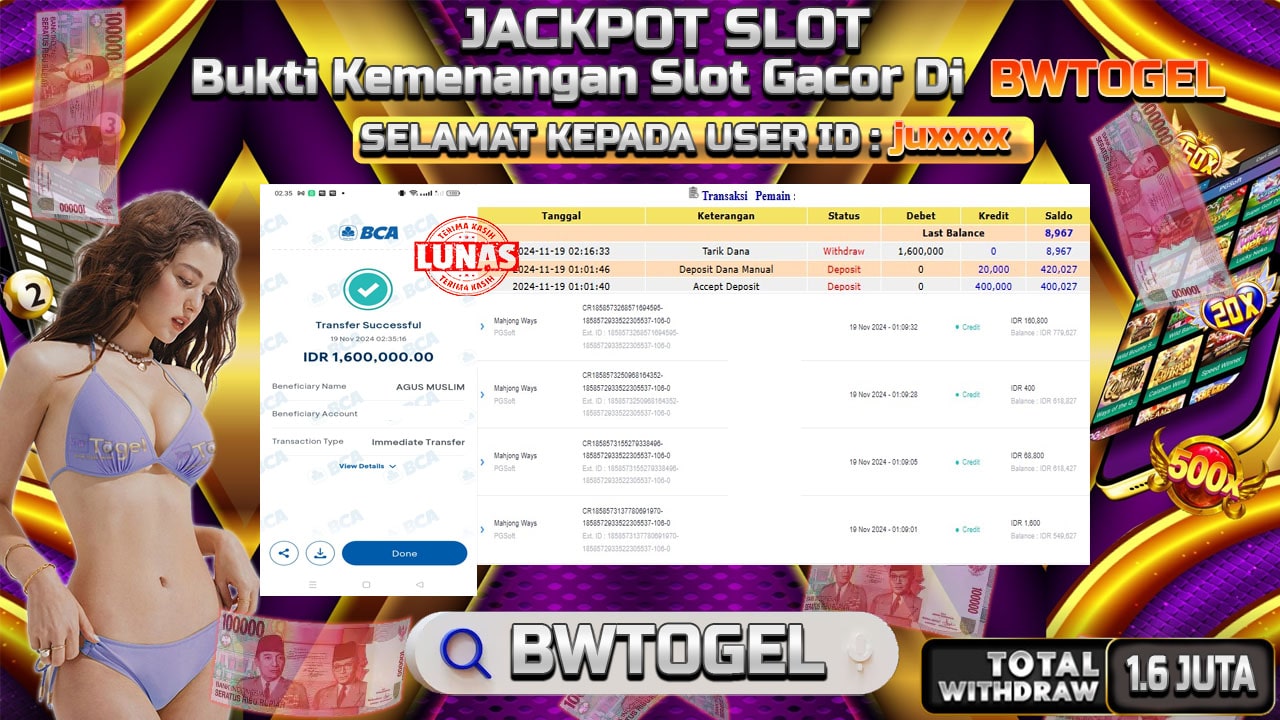 BUKTI JACKPOT SLOT MAHJONG WAYS TERPERCAYA DI INDONESIA TGL 19-11-2024