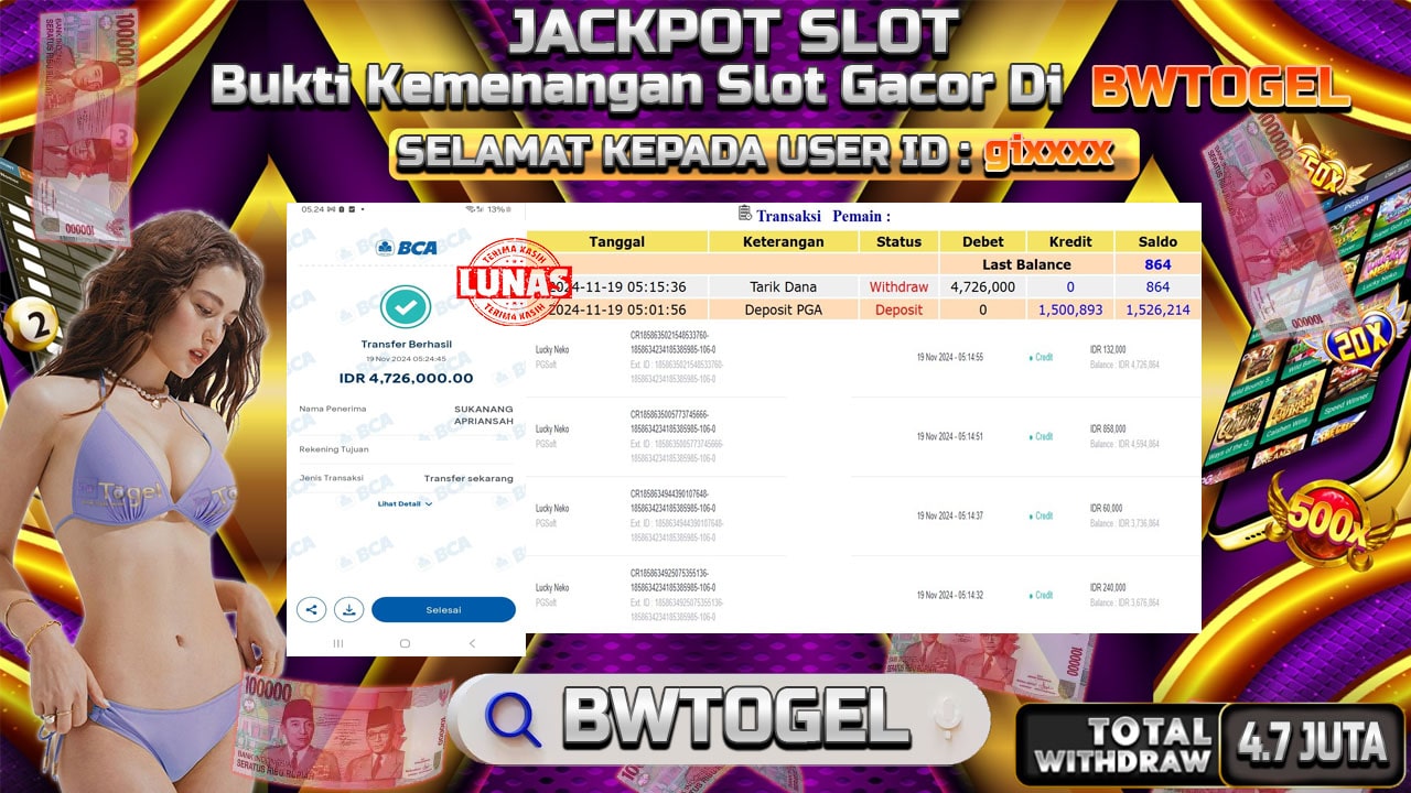 BUKTI JACKPOT SLOT LUCKY NEKO TERPERCAYA DI INDONESIA TGL 19-11-2024