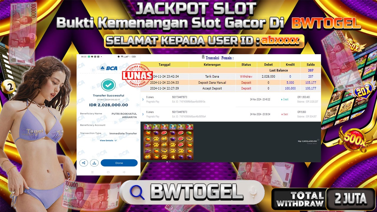 BUKTI JACKPOT SLOT 6 JOKERS TERPERCAYA DI INDONESIA TGL 25-11-2024