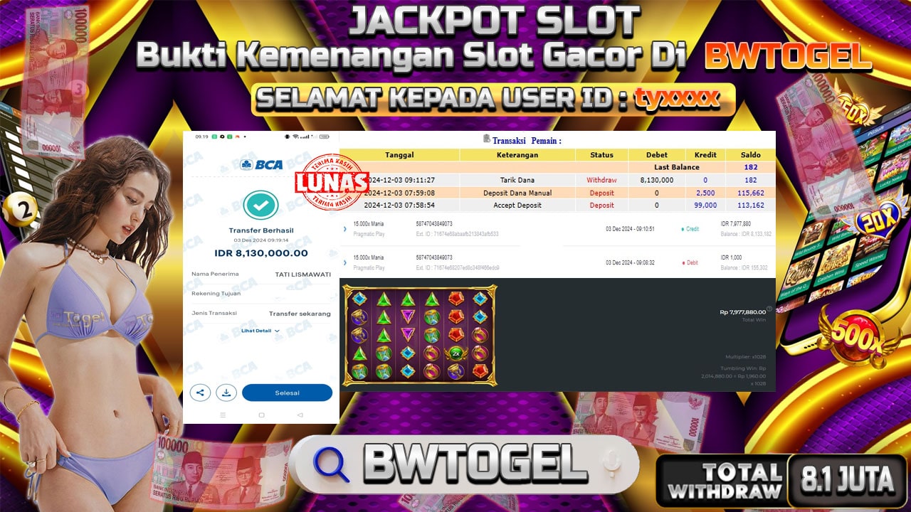 BUKTI JACKPOT SLOT 15.000X MANIA TERPERCAYA DI INDONESIA TGL 03-12-2024