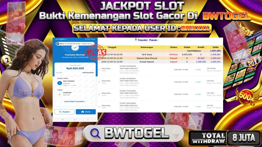 BUKTI JACKPOT SLOT MAHJONG WAYS TERPERCAYA DI INDONESIA TGL 04-12-2024