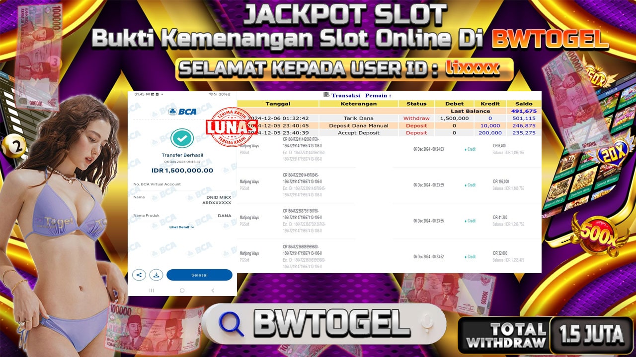 BUKTI JACKPOT SLOT MAHJONG WAYS TERPERCAYA DI INDONESIA TGL 06-12-2024