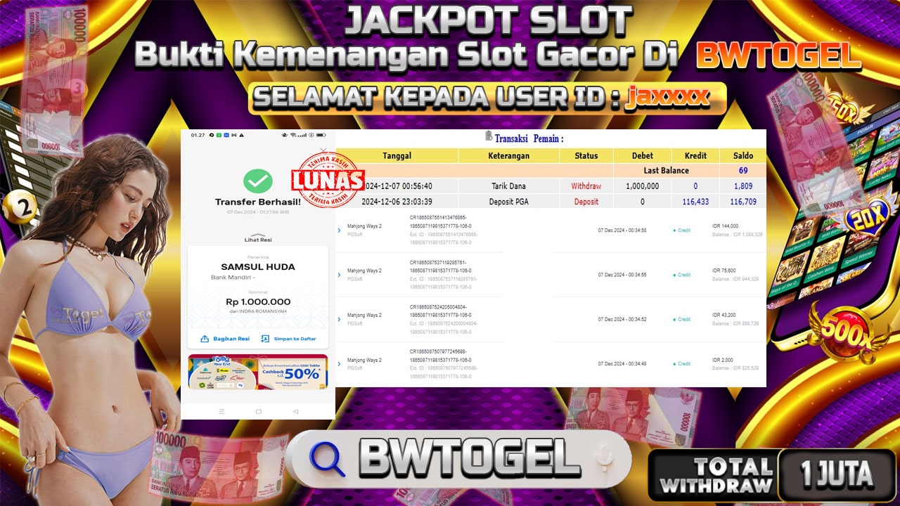 BUKTI JACKPOT SLOT MAHJONG WAYS 2 TERPERCAYA DI INDONESIA TGL 07-12-2024